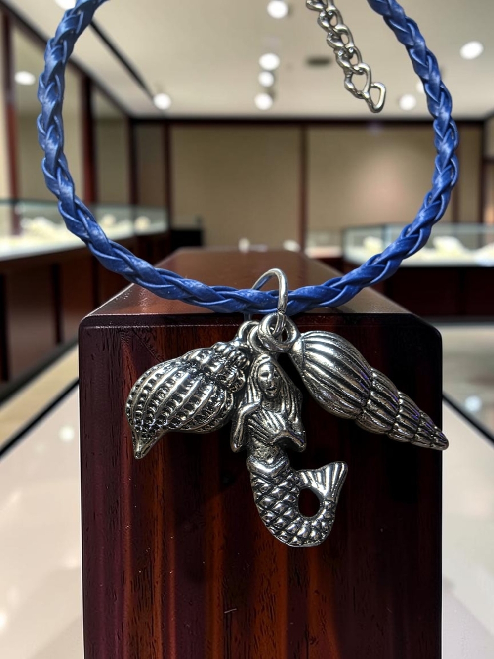 Blue Braided Cord Bracelet with Silver Mermaid & Shell Charms
